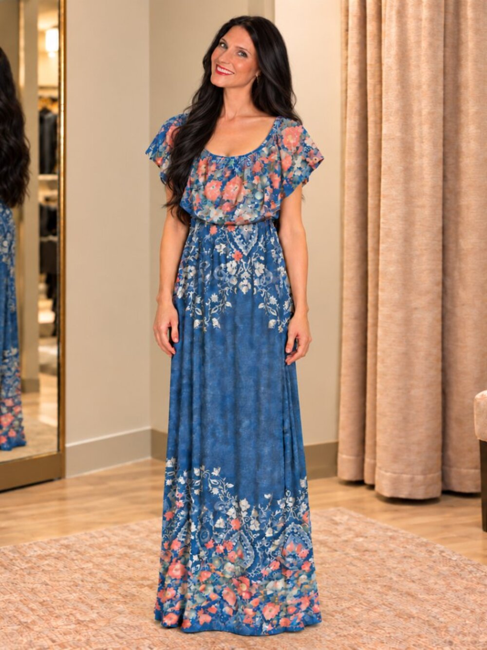 Floral Off-Shoulder Navy Maxi Dress
